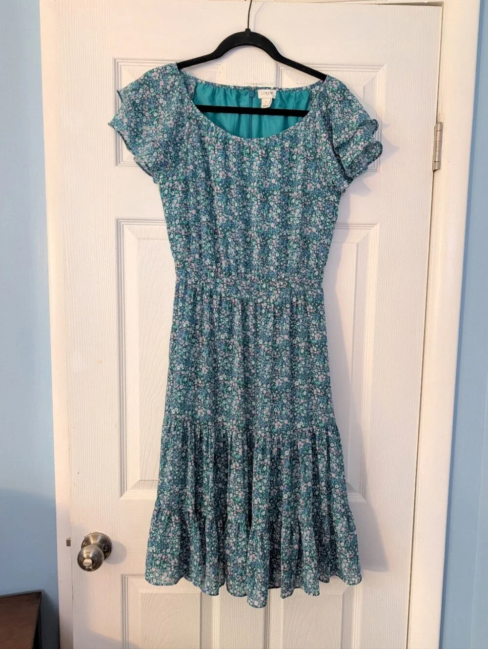 Blue Floral Tiered Midi Dress with Ruffle Sleeves